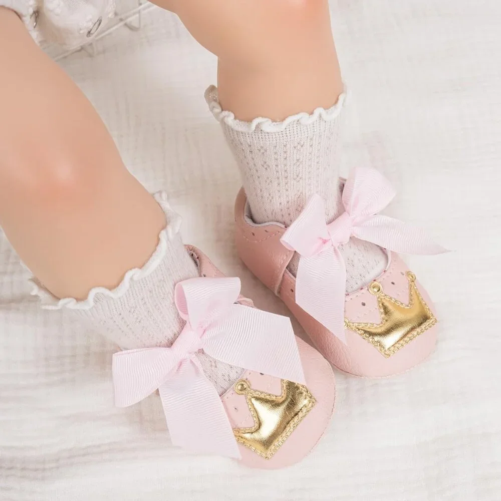 Infant Pink Gold Polyurethane Baby Girls Handmade Princess Flats First Walkers